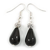 Silver Tone Black Ceramic Bead with Clear Crystal Ball Drop Earrings - 45mm L