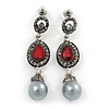Marcasite Red/ Grey Crystal Pearl Drop Earrings In Antique Silver Tone - 45mm L