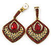 Vintage Inspired Ruby Red Crystal Teardrop Clip On Earrings In Antique Gold Tone - 40mm L