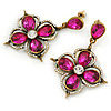 Vintage Inspired Fuchsia/ Clear Flower Drop Earrings In Antique Gold Tone - 50mm L