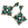 Vintage Inspired Emerald Green/ Clear Flower Drop Earrings In Antique Gold Tone - 50mm L