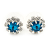 Small Emerald Azure/ Clear Diamante Stud Earrings In Silver Finish - 10mm D