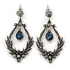 Victorian Style Hematite/ Dark Blue Crystal Drop Earrings In Antique Silver Tone Metal - 55mm L