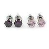 5mm Set of 2 Amethyst and Pink Cz Round Cut Stud Earrings In Rhodium Plating