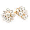 Cream Faux Pearl, Clear Crystal Clip On Earrings In Gold Tone Metal - 18mm