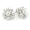 Cream Faux Pearl, Clear Crystal Clip On Earrings In Silver Tone Metal - 18mm
