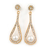 Clear Crystal White Glass Pearl Teardrop Earrings In Gold Tone Metal - 55mm L