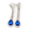 Sapphire Blue/ Clear Crystal Teardrop Clip On Earrings In Silver Tone - 40mm L