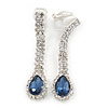 Cobalt Blue/ Clear Crystal Teardrop Clip On Earrings In Silver Tone - 40mm L