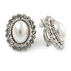 Rhodium Plated Glass Pearl Clear Crystal Oval Clip On Earrings - 22mm