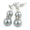 9mm Light Grey Glass Pearl Bead With Crystal Ring Drop Earrings In Silver Tone - 30mm