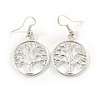 'Tree Of Life' Round Drop Earrings In Silver Tone Metal - 40mm L