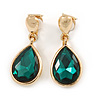 Gold Tone Teardrop Emerald Green Faceted Glass Stone Clip On Drop Earrings - 35mm L