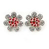 Clear Crystal, Red Enamel 'Sunflower' Floral Stud Earrings In Silver Tone - 20mm D