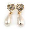 Crystal Heart with Cream Coloured Faux Pearl Drop Earrings In Gold Tone Metal - 38mm L