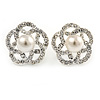 Clear Crystal White Faux Glass Pearl Floral Stud Earrings In Silver Tone - 20mm D