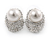 Clear Crystal Faux Glass Pearl Oval Stud Earrings In Rhodium Plating - 18mm L