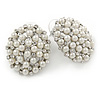 Rhodium Plated White Faux Glass Pearl, Clear Crystal Oval Stud Earrings - 25mm L