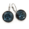 Midnight Blue Round Glass Drop Earrings In Rhodium Plating with Leverback/ French Hook Closure - 27mm L