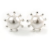 15mm White Simulated Glass Pearl Sunflower Stud Earrings In Rhoium Plating