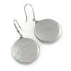 Light Grey Coin Shape Shell Drop Earrings In Silver Tone - 35mm L