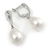 Classic White Polished Teardrop Shape Pearl Style Earrings In Rhodium Plated Alloy - 33mm L