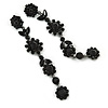 Long Black Crystal Floral Chandelier Earrings In Gun Tone Metal - 11cm L