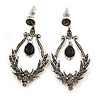Vintage Inspired Chandelier Black/ Grey Crystal Textured Earrings In Aged Silver Tone - 55mm L