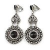 Vintage Inspired Chandelier Black Crystal Filigree Clip On Earrings In Aged Silver Tone - 65mm L