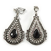 Vintage Inspired Teardrop Crystal Clip On Earrings In Aged Silver Tone - 60mm L