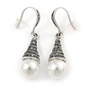 Marcasite Hematite Crystal Faux Pearl Drop Earrings In Silver Tone - 45mm L