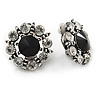 Clear/ Black Crystal Flower Clip On Earrings In Aged Silver Tone Metal - 22mm D