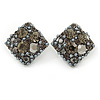 Vintage Inspired Square Grey Crystal, Faux Pearl Stud Earrings In Aged Silver Tone - 23mm