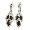 Black/ Clear Crystal Leaf Drop Earrings In Silver Tone - 42mm L