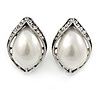 Vintage Inspired Faux Pearl Clear Crystal Leaf Stud Clip On Earrings In Silver Tone - 23mm L