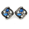 Marcasite Square Blue/ Clear Crystal, White Faux Pearl Clip On Earrings In Aged Silver Tone - 23mm L