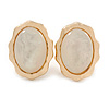 Oval Milky White Glass Stone Clip On Earrings In Gold Plated Metal - 23mm L