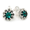 Small Emerald Green, Clear Crystal Floral Clip On Earrings In Silver Tone - 15mm L