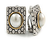 Vintage Inspired Square Faux Pearl Clip On Earrings Silver/ Gold Tone - 23mm L