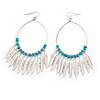 Boheme Feather Charms and Ceramic Turquoise Coloured Bead Hoop Earrings In Silver Tone  - 95mm Long