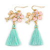 Romantic Pink Enamel Daisy, Bird, Mint Tassel Drop Earrings In Gold Tone - 60mm L