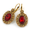 Vintage Inspired Oval Red/ Light Topaz Crystal Drop Earrings with Leverback Closure In Antique Gold Tone - 40mm L