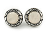 Vintage Inspired Round Milky White Acrylic Stone Clip On Earrings In Aged Silver Tone - 22mm D