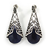Marcasite Hematite Crystal, Midnight Glass, Filigree Teardrop Earrings In Aged Silver Tone - 40mm L