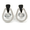 Teardrop with Clear Crystal with Black Enamel Detailing Stud Earrings In Silver Tone - 30mm L