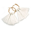 Trendy White Cotton Tassel Gold Tone Hoop Earrings - 70mm Long