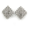 Clear Crystal Square Shape Clip On Earrings In Silver Tone - 30mm Tall
