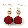 Burgundy Red Silk Cord Ball with Clear Crystal Drop Earrings In Gold Tone - 50mm L