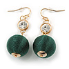Green Silk Cord Ball with Clear Crystal Drop Earrings In Gold Tone - 50mm L