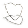 Slim Open Heart Hoop Earrings In Silver Tone Metal - 40mm Long